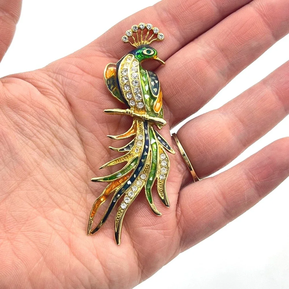 Vintage Enamel Peacock Brooch Gold Tone‎ Rhinestone Bird Statement Pin